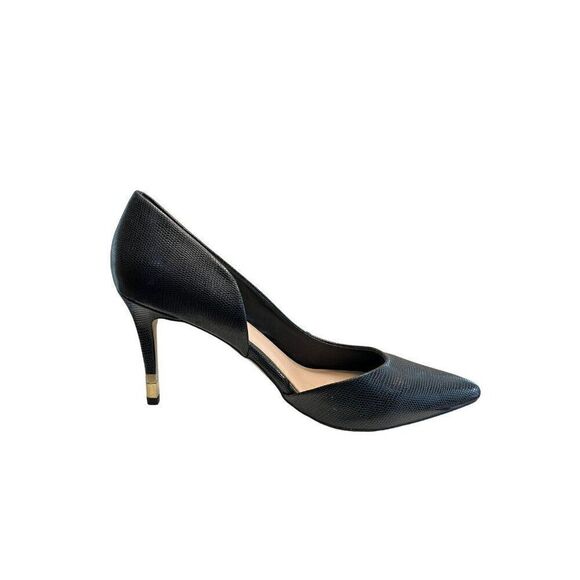 ALDO Size 10 Black Faux Leather Pointed Toe Pumps Gold Stiletto High Heels - Picture 3 of 5